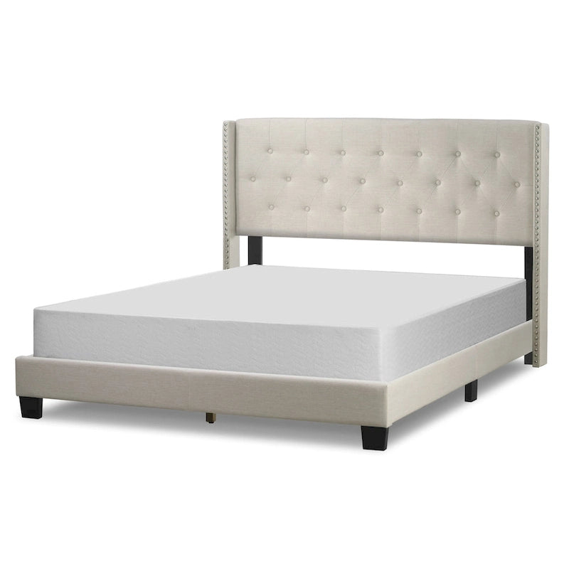 Beige Fabric Bed with Button Tufting and Nail Headed Wings