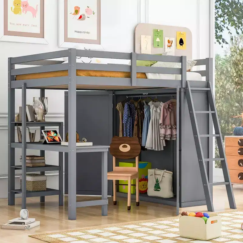 Full Size Loft Bed with Wardrobe and Desk for Kids, Wood High Full Loft Bed Frame with Storage Shelves