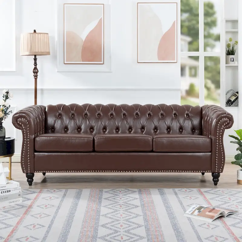 Classically Elegant 84.65 Three-Seater Rolled Arm Chesterfield Sofa in PU Leather - Sturdy Birch Legs, Soft Upholstery