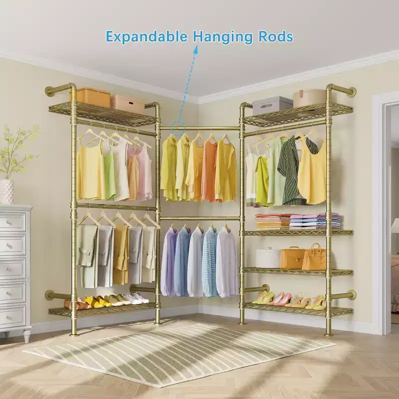 Timate F3 Garment Rack Heavy Duty Clothes Rack Expandable Industrial Pipe Wall Mounted Clothing Racks Wardrobe Closet Kit , Gold