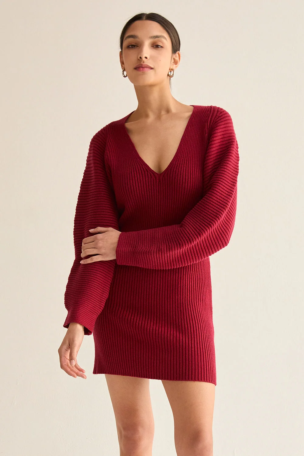Hourglass Mini Sweater Dress with Balloon Sleeves V-Neckline