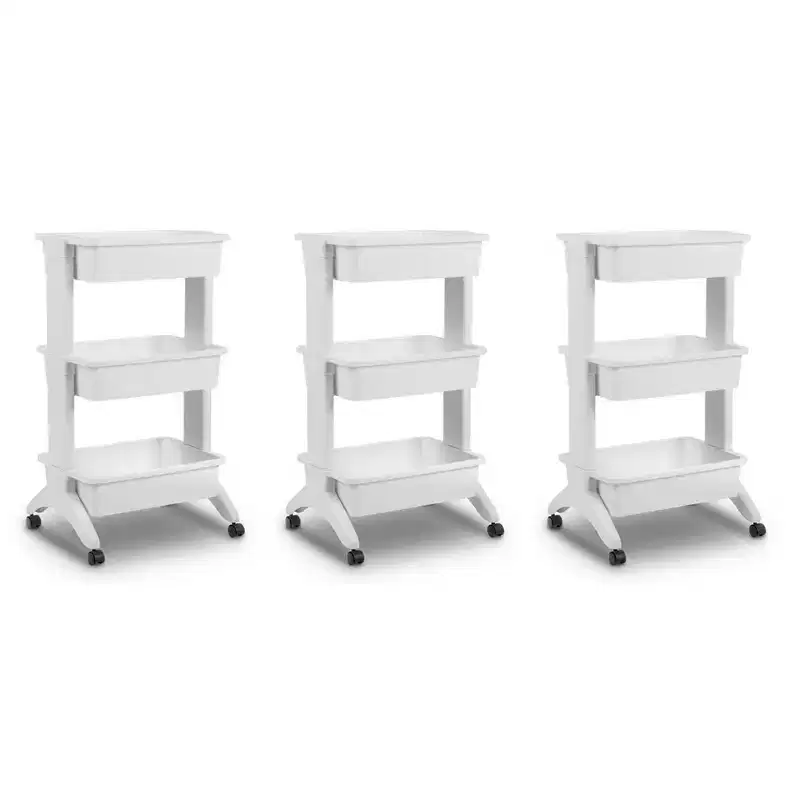 Sterilite 3 Tier Utility Cart Portable Storage Open Bin Organizer with 360 Degree Smooth Rolling Caster Wheels, Supports 10 lb Per Tier, White, 3-Pack
