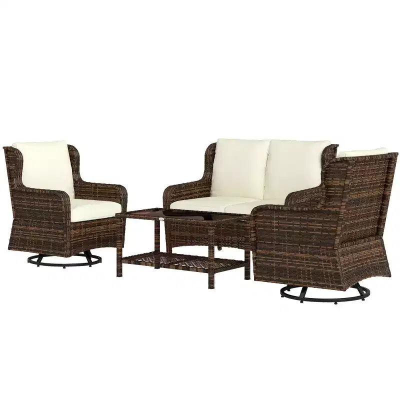 4 Piece Rattan Patio Furniture Set, Conversation Set with Swivel Glider Chairs Table Loveseat for Garden, Patio