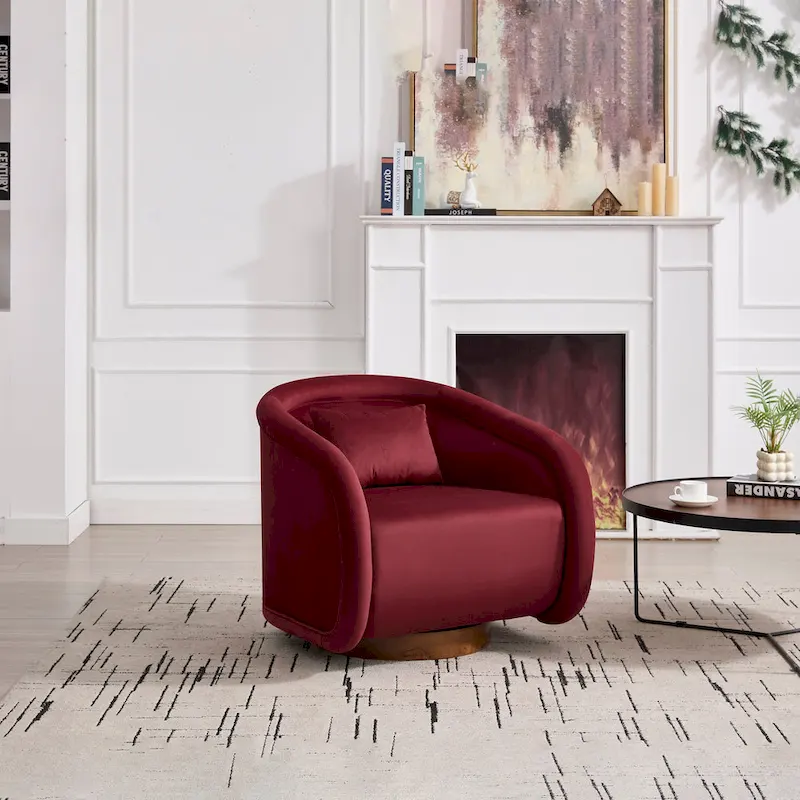 Wine Red / White Velvet Pumpkin-Shape 360° Swivel Barrel Accent Chair for 1 Person