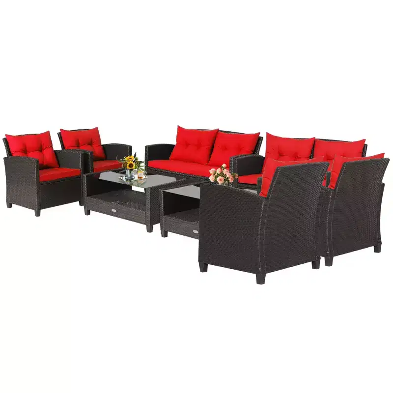 Costway 8 PCS Patio Rattan Furniture Set Glass Table Shelf Sofa Cushion Black/Red/Turquoise/Navy/Gray