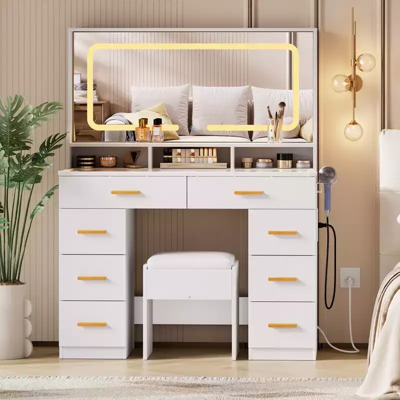 Vanity Desk with Mirror, Makeup Vanity Desk for Bedroom with 8 Drawers & 1 Vanity Chair, Modern Dressing Table Set for Bedroom, Bathroom
