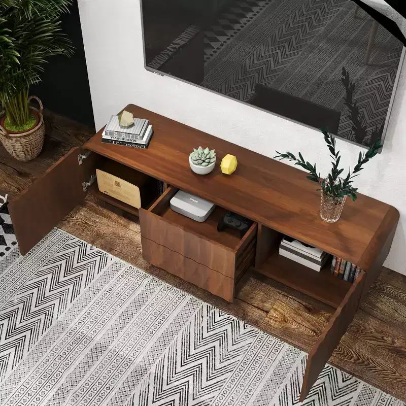 JVNOXK 58-inch TV Stand, Mid-Century Spiral Wave Design, with Storage Cabinet and Two Drawers, Suitable for Living Room or Bedroom, Walnut
