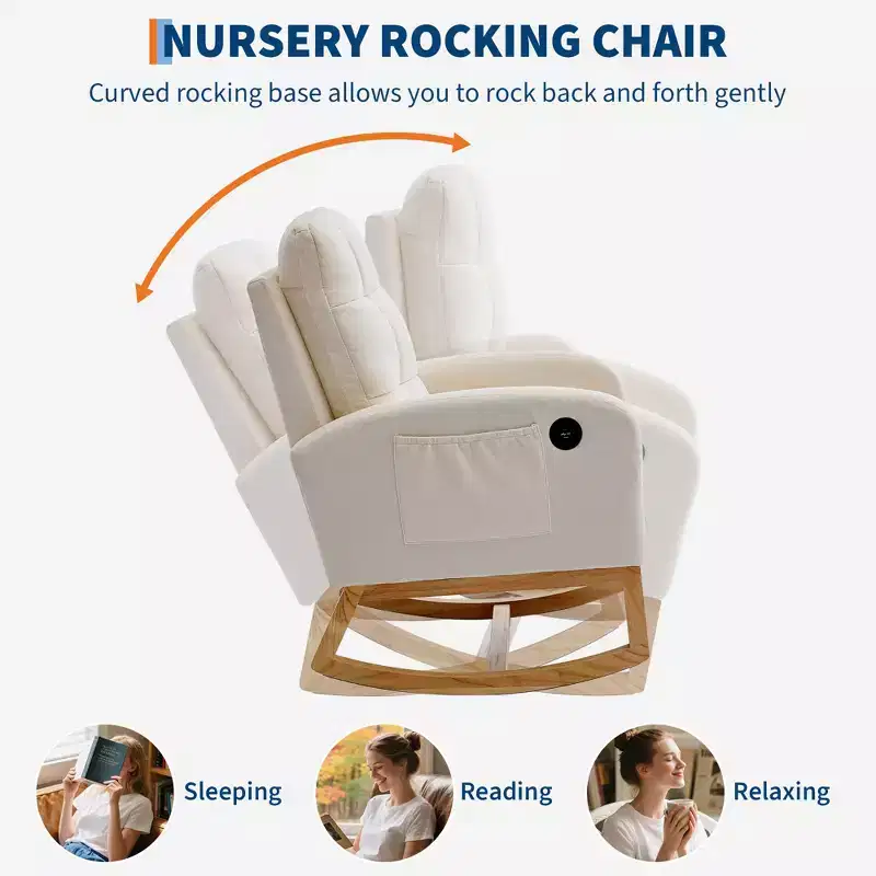 Linen Upholstered Wood Frame Rocking Chair with Footrest & Side Pocket