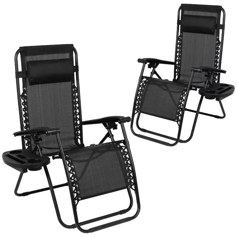 Merrick Lane Set of 2 Folding Mesh Upholstered Zero Gravity Chair with Removable Pillow and Cupholder Tray