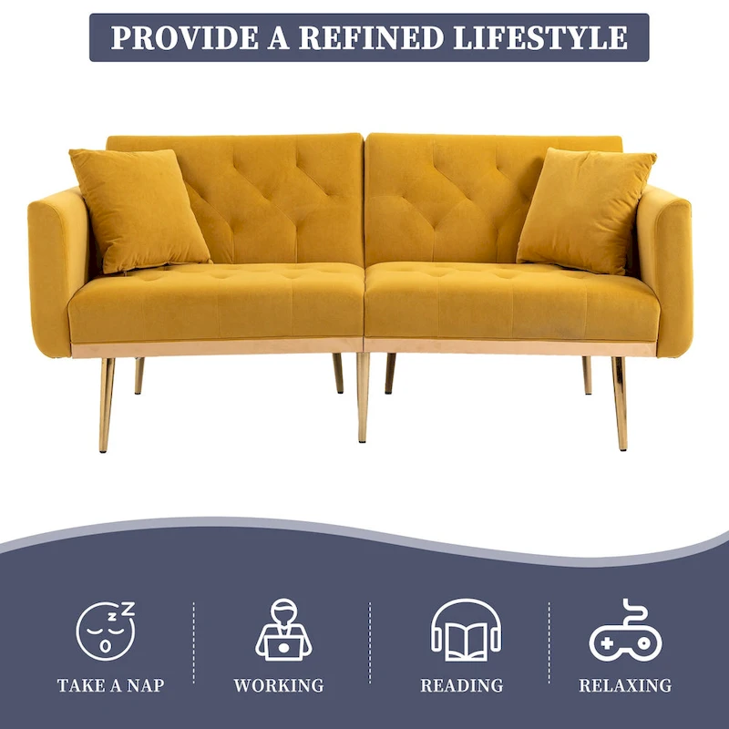 Velvet Upholstered Tufted Loveseats Sleeper Sofa With Rose Golden Legs
