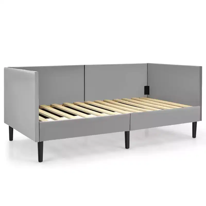 Twin Daybed Frame Upholstered Velvet, 440 lbs, Gray, Wood Slat Base, Under-Bed Storage