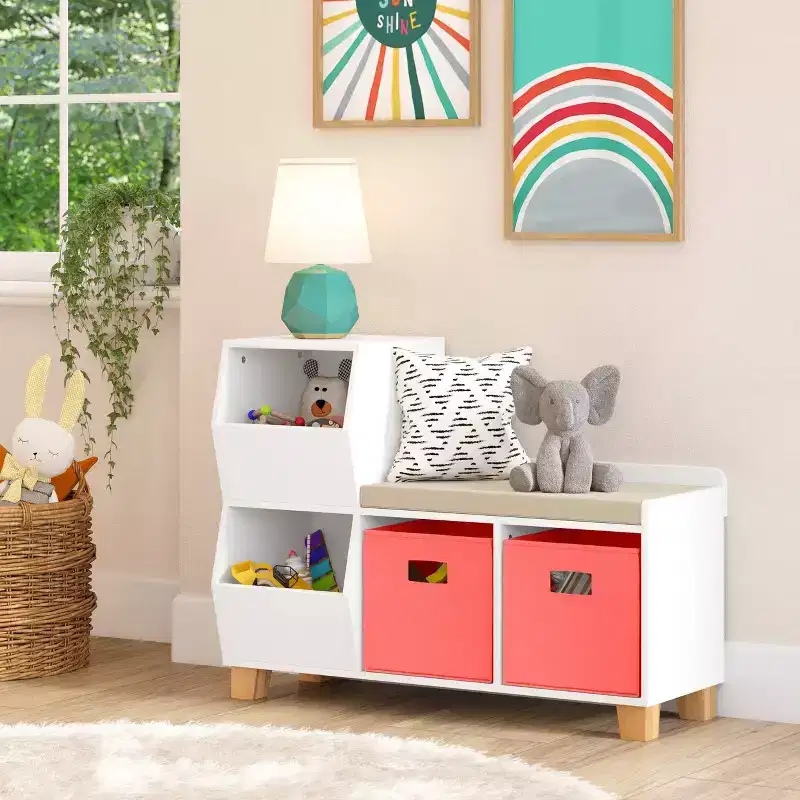 Kids' Catch-All Cubby Storage Organizer Bench with Toy Storage Shelves and Cushioned Seat for Reading Nook and Playroom White