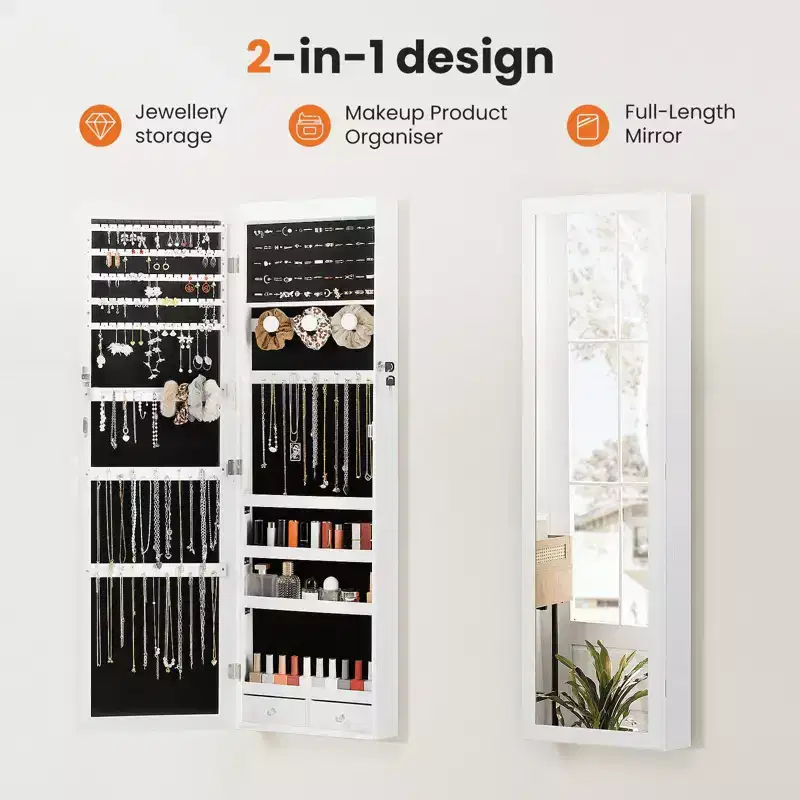 Wall Mounted Jewelry Armoire with Full Mirror, 6 LED Lights & Lock, 47.2