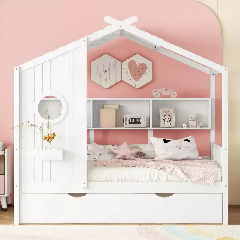 Twin Size House Bed with Trundle and Storage Shelf for Kids, White