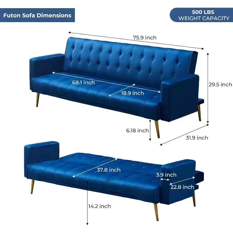 MooxvMoo 75 Convertible Futon Sofa Bed, Modern Adjustable Backrest Futon Couch with Metal Legs for Living Room, Apartment, Office, Blue
