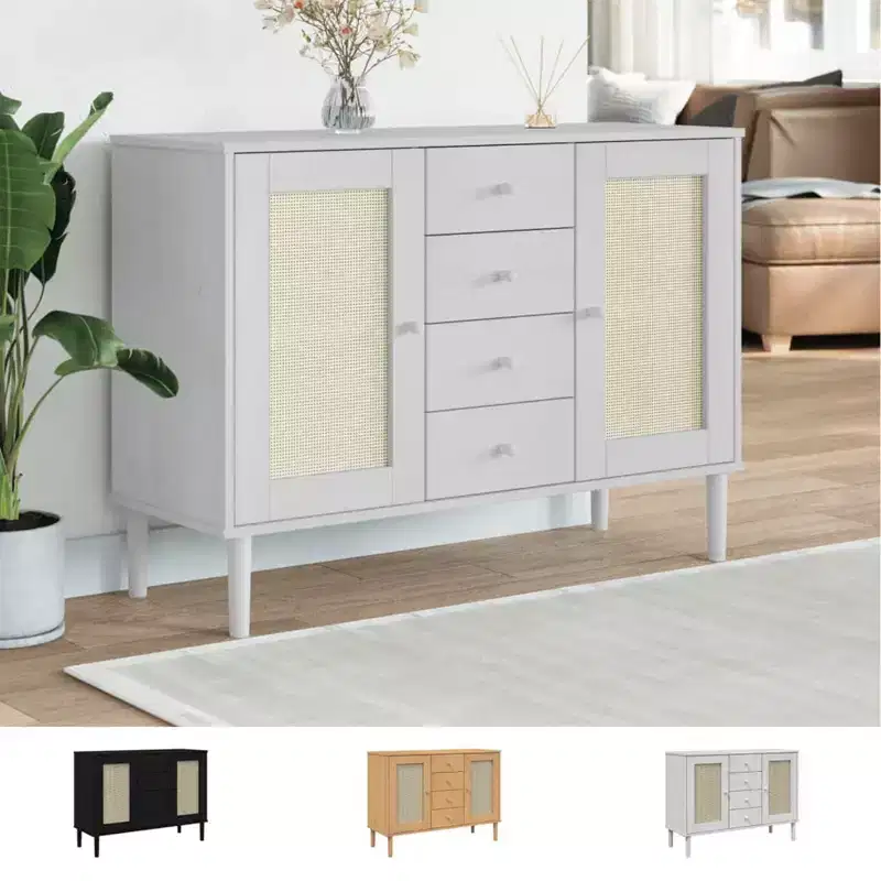Sideboard Buffet Storage Cabinet Rattan Look Solid Wood Pine, With 4 Drawers