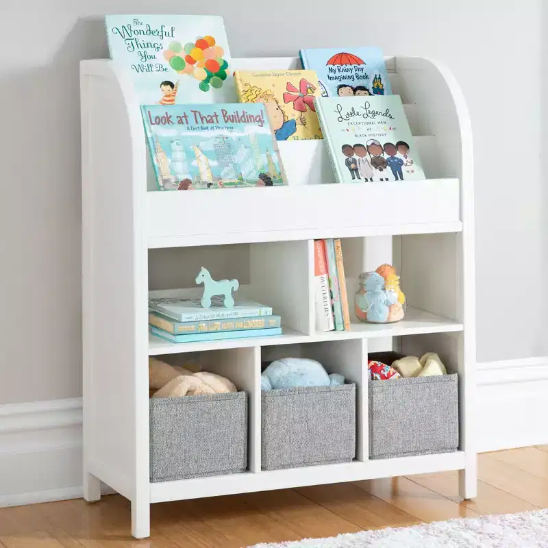 Martha Stewart Kids' Jr. Book and Bin Browser: Children's Bookshelf, Toy Storage with Book Display with Fabric Bins