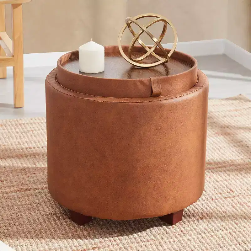 Round Faux Leather Storage Ottoman with Table Top Lid