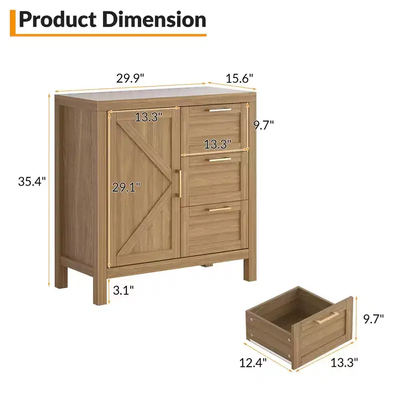 Walnut Sideboard with 3 Drawers, 1 Cabinet and Adjustable Shelves, for Living Room