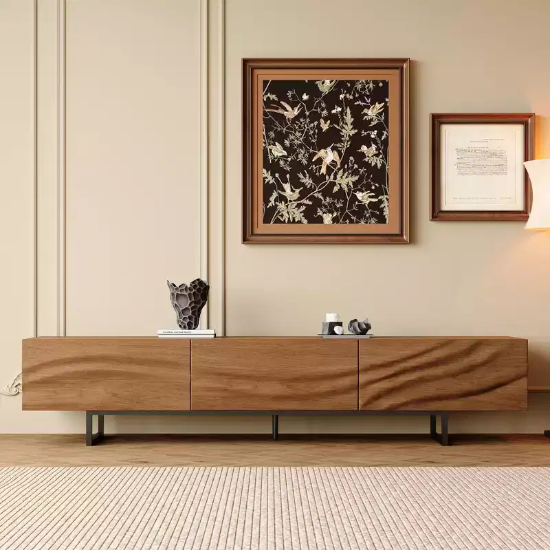 Luck Live 82.83 Mid-Century Modern Solid Wood Relief TV Stand - 3 Drawers, Metal Legs & Ventilation Holes