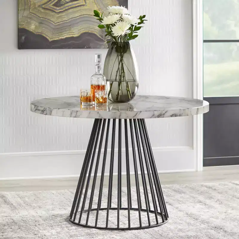 Lifestorey Indra Modern Faux Marble Round Dining Table Off-White/Black: Faux Marble Top, 4-Seater, Modern Kitchen Furniture