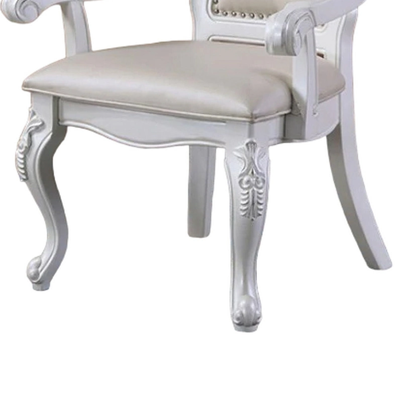Zenie Dining Armchair Set of 2, Carved Cabriole, Faux Leather, White Wood