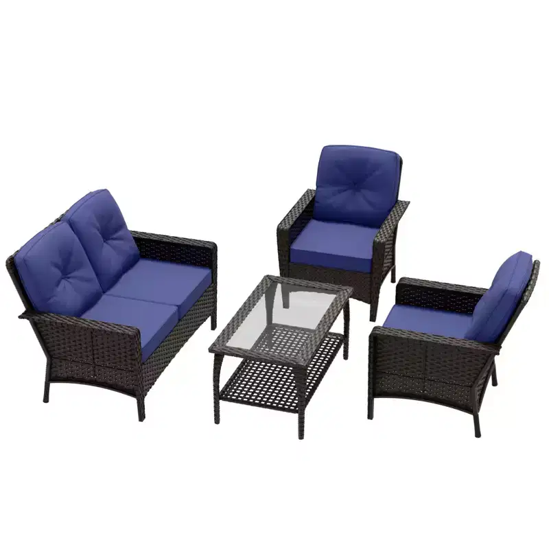 EAGLE PEAK 4 Piece Patio Rattan Furniture Conversation Set, Wicker Outdoor Couch and Chairs Set with Coffee Table