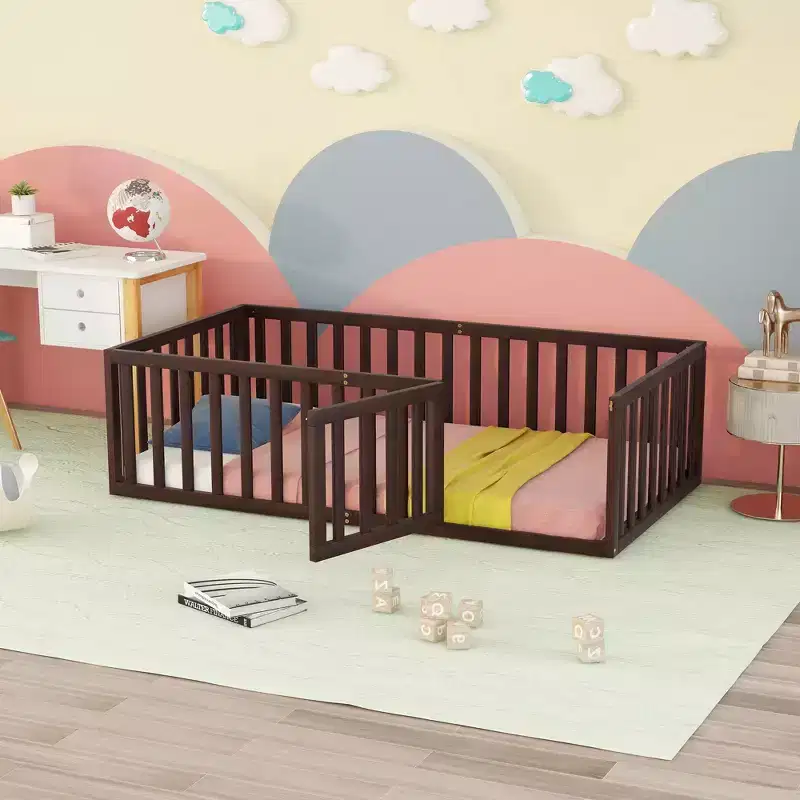 Twin Size Wood Floor Bed Frame with Fence and Door White