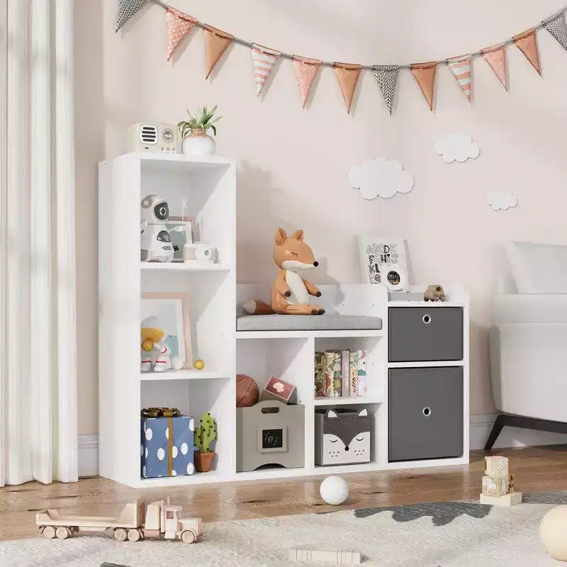 Kids BookshelfChildren Bookcase with Soft Cushion Seat  Childrens Toy Storage Cubby & Reading Nook, 44.1 Kids Storage Cabinet