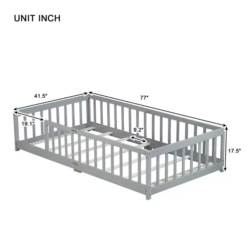 Sailvan Twin Floor Bed with Fence,Solid Rubber Wood Kids Bed Frame