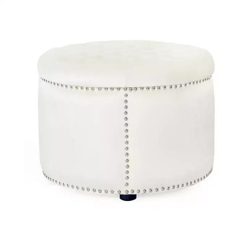 Round Tufted Velvet Ottoman with Nailhead Trim