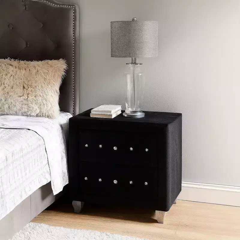 Royal Hampton Nightstand, 2 Drawers with Crystal Knobs, Black Velvet Upholstery