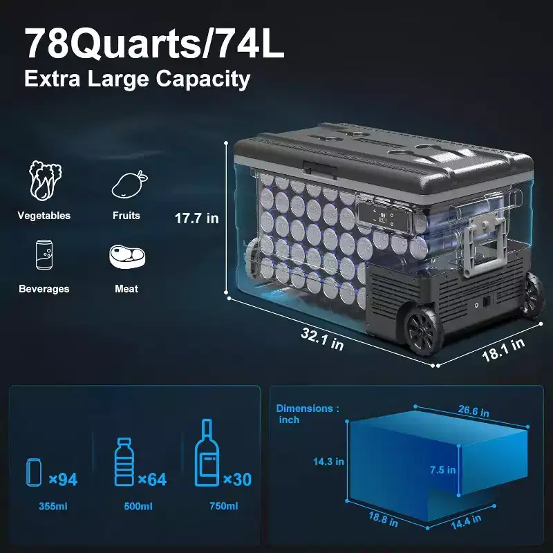 78 Quart (74L) Portable Car Refrigerator and Freezer, 12V/24V DC and 100-240V AC for RV, Camping, and Truck