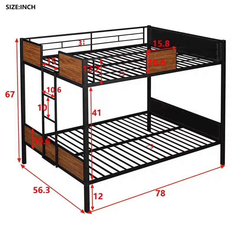 Full over Full Metal Bunk Bed with Wood Grain, Safety Rail for Kids & Adults, Brown