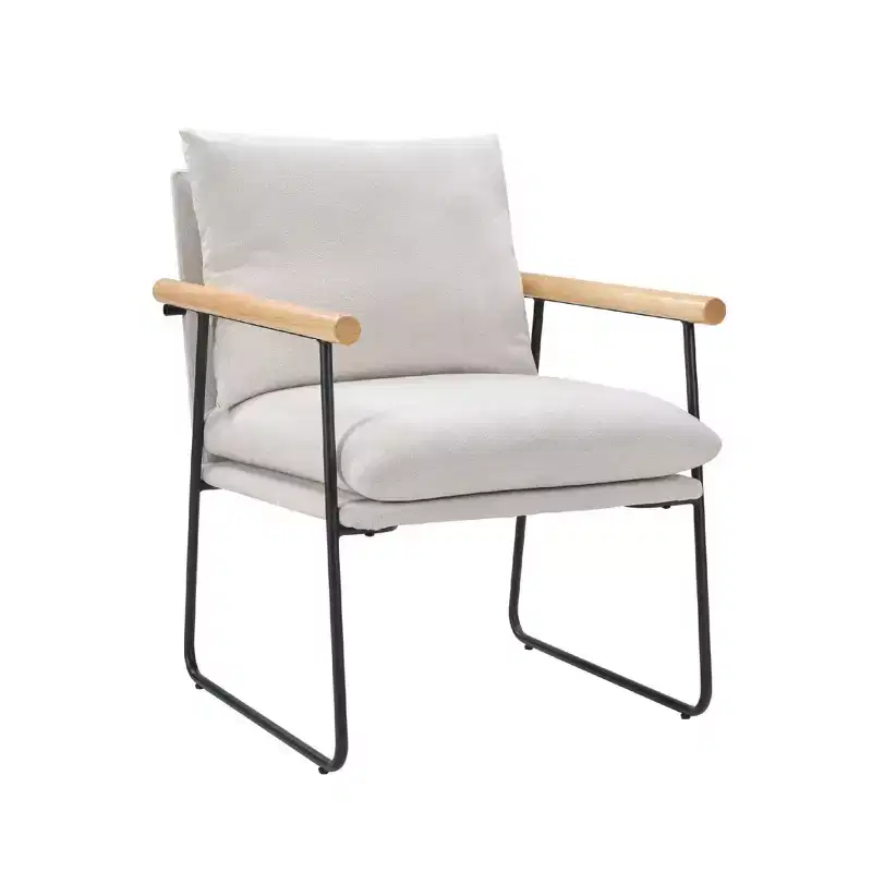 Modern Accent Chair with Wood Armrests, Reading Chair with Removable Cushion, Cozy Chair for Living Room, Bedroom, Office, Milk White