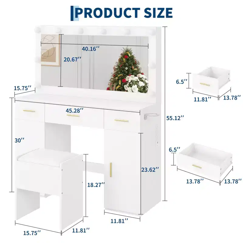 Acekool Makeup Vanity Desk with Mirror, Modern White Vanity Table with Drawers and Storage Stool, for Bedroom Apartment