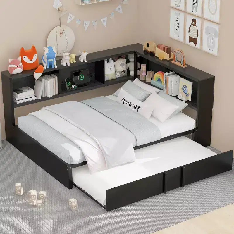 Whisen Metal Full Size Daybed with Trundle, Storage Cabinets and USB Ports