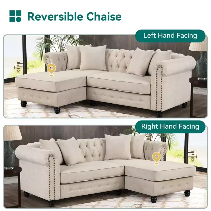 Chesterfield L Shaped Sectional Sofa Couch 3 Seater for Living Room Reversible Chaise 4 Pillows Beige