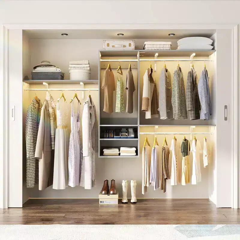 Wall-Mounted Closet Organizer System with Extendable Hanging Rods