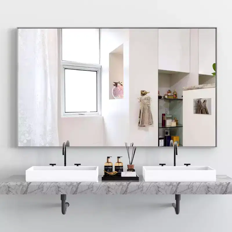 Modern Silver Frame Bathroom Mirror: Oversized, Aluminum, Wall Mounted, Vertical/Horizontal