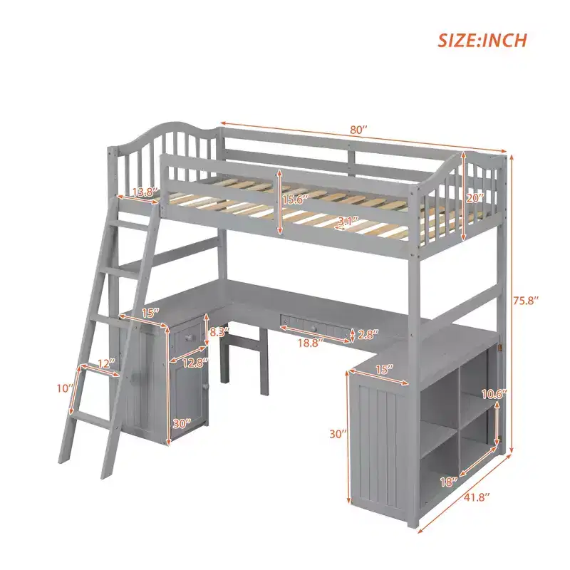 Twin Size Loft Bed with Cabinet, Solid Wood Twin Loft Bed Frame with Desk and Shelves