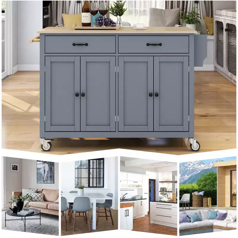 Whisen Modern Wood Kitchen Island with Spice Rack and Drawers
