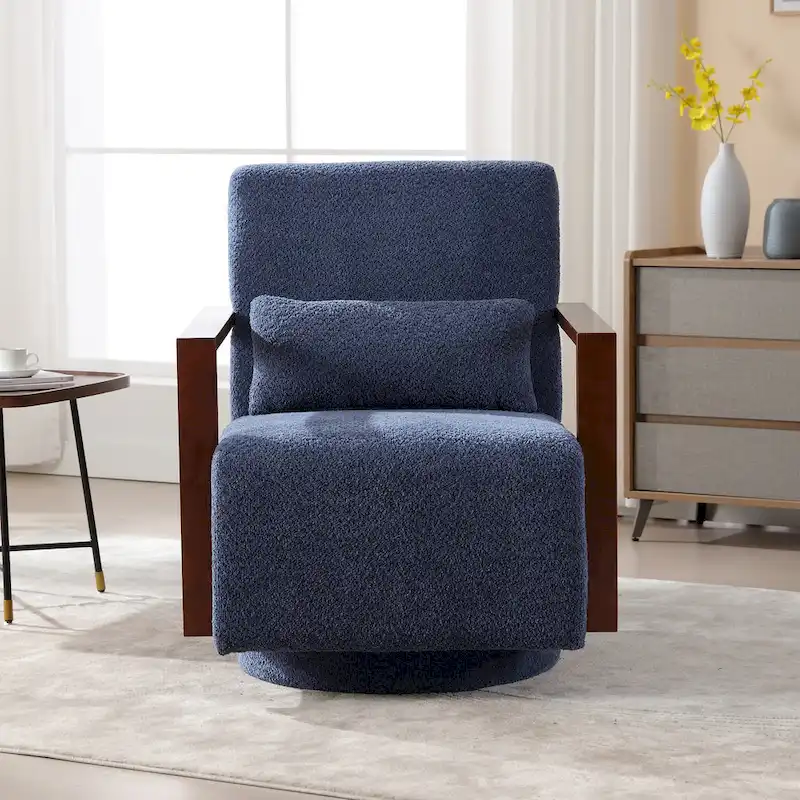 Mid-Century Boucle Upholstered Swivel Armchair With Pillow