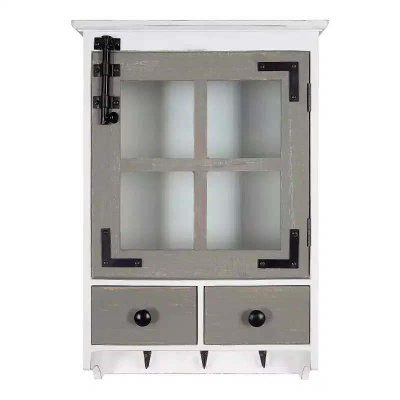 Hutchins Decorative Farmhouse Wood Wall Cabinet White/Gray - Kate & Laurel All Things Decor: Entryway Storage with Hooks