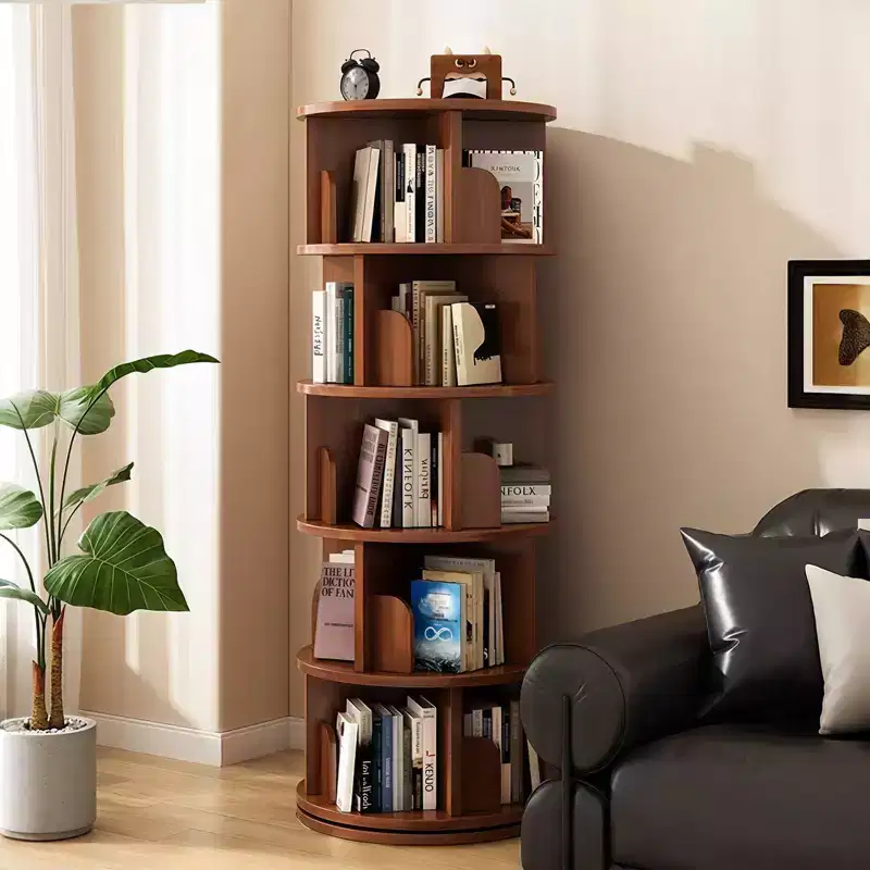 5 Tier 360 Rotating Bookshelf,Walnut Round Spinning Tower, Thickened Anti-Wobble Base, Open Easy-Access Shelving, Space-Saving for Small Corners