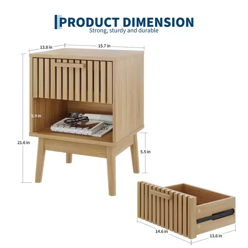 Boho Nightstand with Drawer & Open Shelf – Compact Wood Bedside Table, Natural Oak