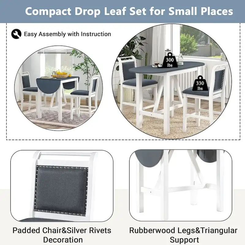 3-Piece Wood Counter Height Drop Leaf Dining Table Set with 2 Upholstered Dining Chairs