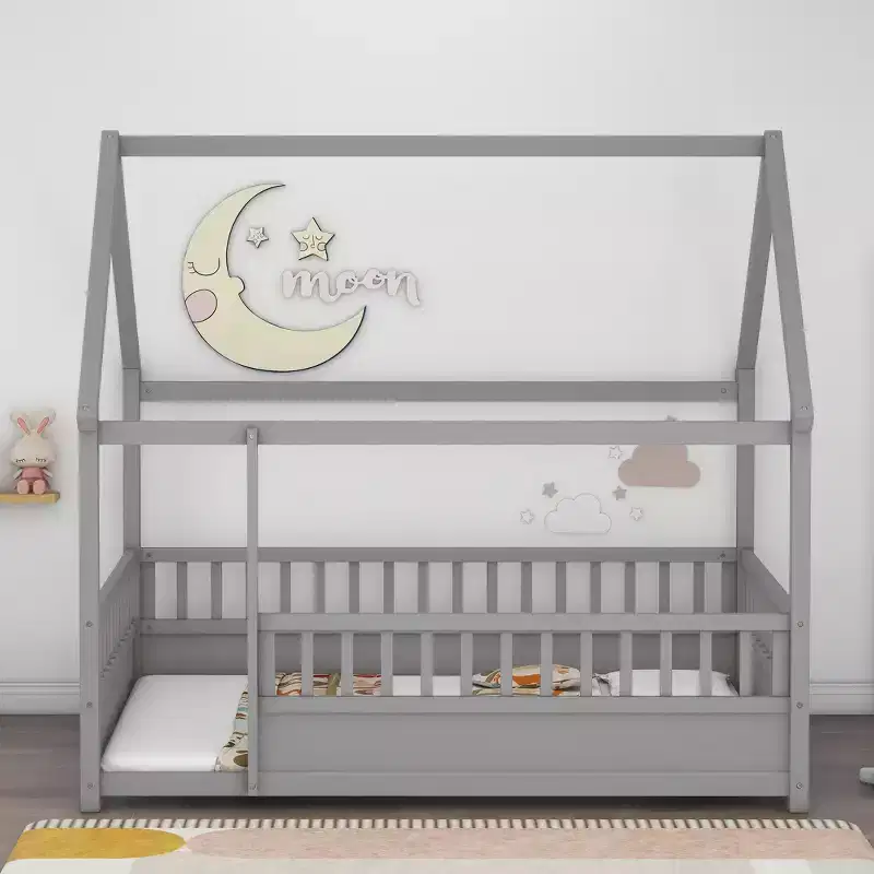 TUYOHW Full Size Toddler Floor Bed with House Roof Frame and Fence,Modern Montessori Bed with Guardrails for Bedroom