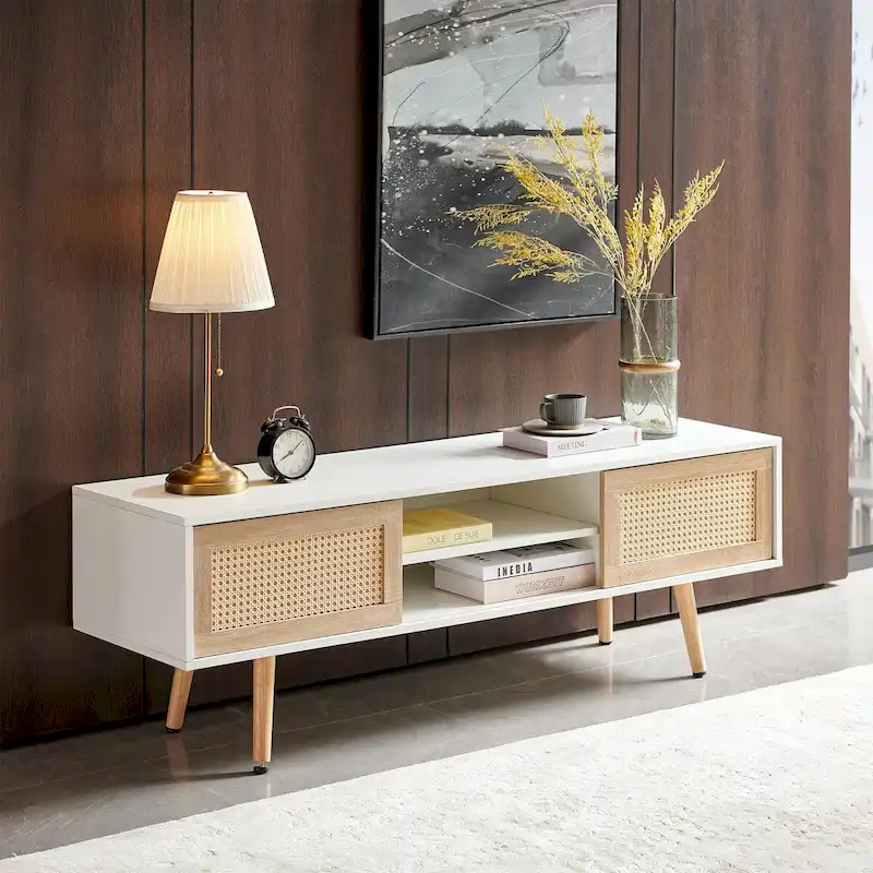 55.12 Rattan TV cabinet, double sliding doors for storage, adjustable shelf, solid wood legs, TV console