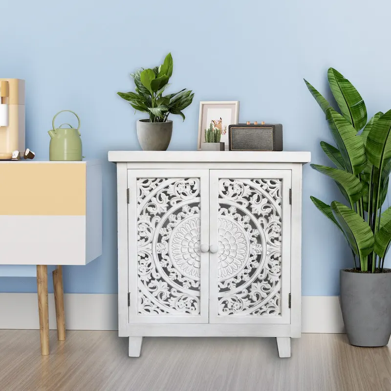 Storage Accent Cabinet with 2 Hollow Carved Doors – 27.6 x 14.1 x 30.3 in